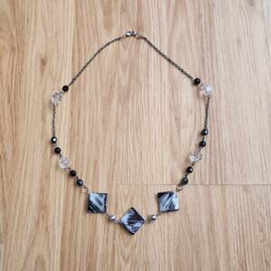 Black White Acrylic Geometric Bead Necklace Clear Crystal Gunmetal Statement